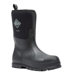 Muck Boot Co. Chore Boots are waterproof, durable work boots featuring a black exterior, rugged soles, and a pull tab for easy wear. They are designed for practicality and comfort in tough conditions.