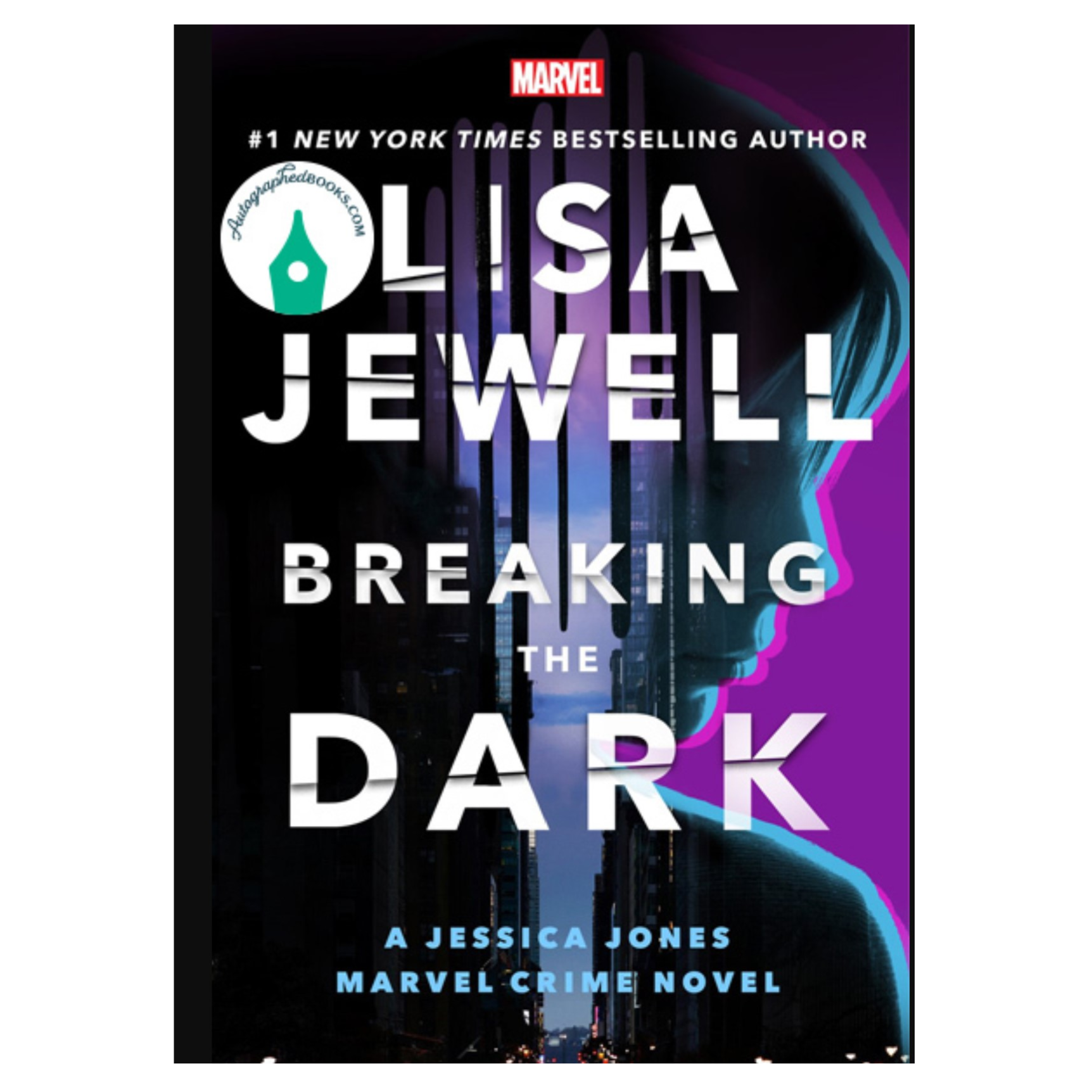 Book cover for \“Breaking the Dark\“ by Lisa Jewell, featuring Jessica Jones, a Marvel crime novel.