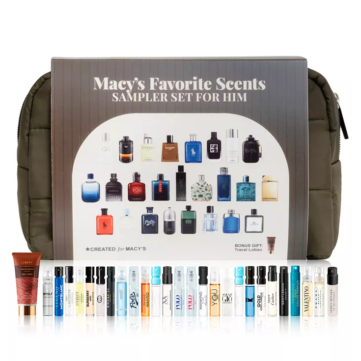 Macy's Favorite Scents Sampler Set for Him includes 26 cologne samples and a bonus travel lotion. The set features a variety of popular fragrances packaged in small spray vials, and comes with an additional travel pouch.