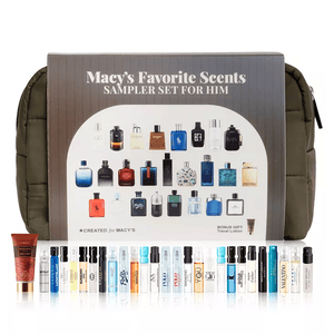 Macy's Favorite Scents Sampler Set for Him includes 26 cologne samples and a bonus travel lotion. The set features a variety of popular fragrances packaged in small spray vials, and comes with an additional travel pouch.