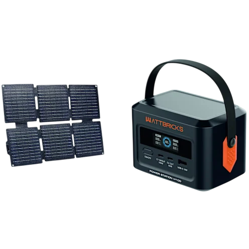 A portable solar panel array is paired with a compact power station, featuring a handle and interface labeled \“WATTBRICKS.”