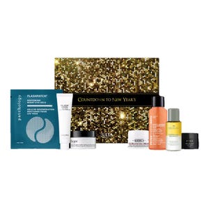 Ulta's Skincare Kit, \“Countdown to New Year's,\“ includes Patchology Night Eye Gels, StriVectin's Re-Sculpting Face Cream, Philosophy's Hope Moisturizer, Kiehl's Ultra Facial Cream, Peter Thomas Roth Anti-Aging Cleansing Gel, Origins Checks and Balances Frothy Face Wash, and Dime Beauty Dewy Day Cream.