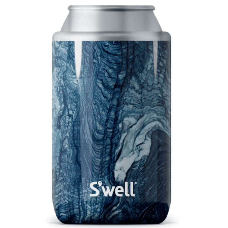 12oz S'Well Drink Chiller features a blue and white marbled design with a matte finish and the S'Well logo. It's designed to keep beverages cold for extended periods.