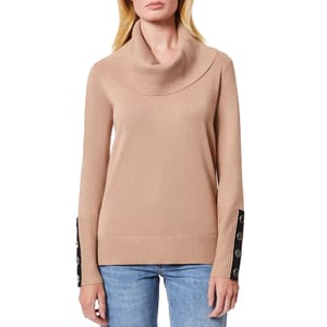 A beige Melissa Paige sweater featuring a wide cowl neck, ribbed cuffs, and hem, with contrasting black cuffs adorned with decorative buttons.
