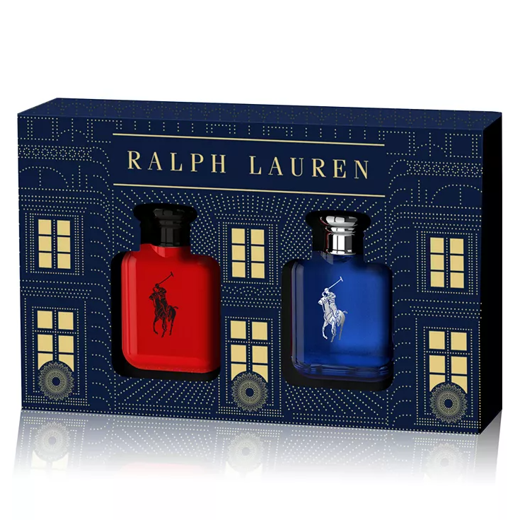 Two bottles of Ralph Lauren cologne, one in red and one in blue, packaged in a decorative box.