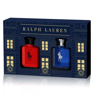 Two bottles of Ralph Lauren cologne, one in red and one in blue, packaged in a decorative box.