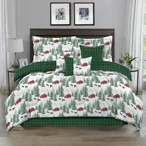 A bedding set with a woodland theme, featuring green plaid patterns and designs of red trucks, trees, and black bears. The set includes pillows, a comforter, and a bed skirt.