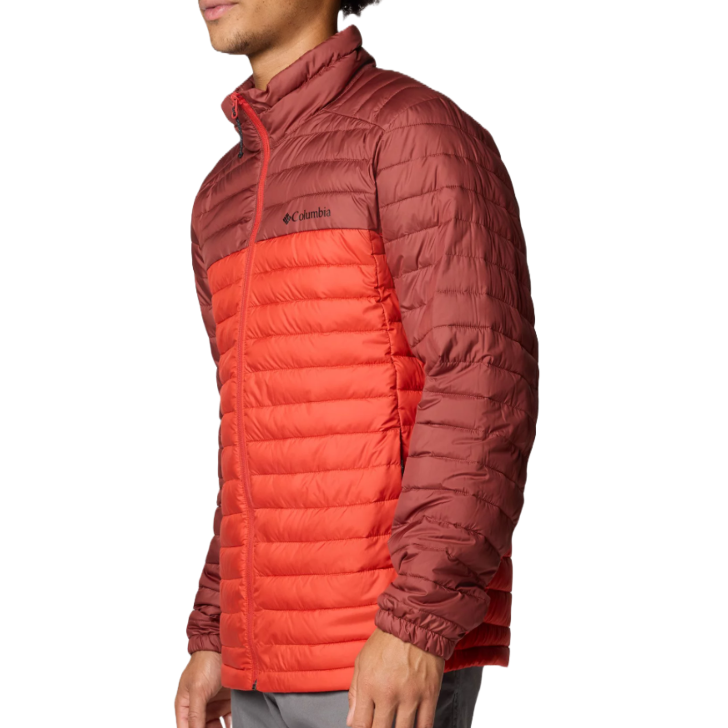 Columbia Silver Falls Jacket features a lightweight, packable design with quilted insulation in red and maroon, offering warmth and mobility. It includes a high collar and front zipper, ideal for outdoor activities.