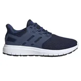 A navy blue athletic sneaker with a mesh upper, white midsole, and black outsole. Features include a lace-up design and three side stripes.