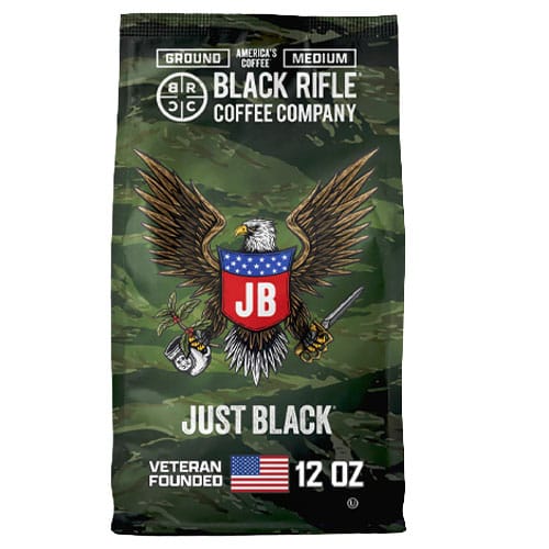 Black Rifle Coffee Company's \“Just Black\“ medium roast, ground coffee, 12 oz bag. Features veteran-founded branding with an eagle and American flag design.