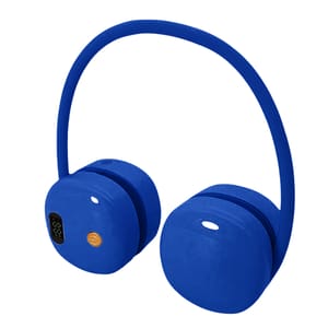 Blue over-ear wireless headphones with a flexible band, featuring a button and a small digital display on one earcup.