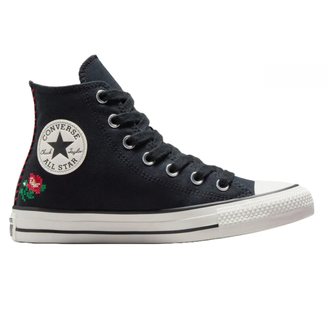 Black Converse Chuck Taylor All Star high-tops featuring a white rubber sole and toe cap, classic logo patch, and red rose cross-stitch embroidery on the side.