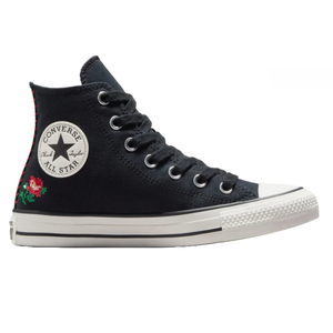 Black Converse Chuck Taylor All Star high-tops featuring a white rubber sole and toe cap, classic logo patch, and red rose cross-stitch embroidery on the side.