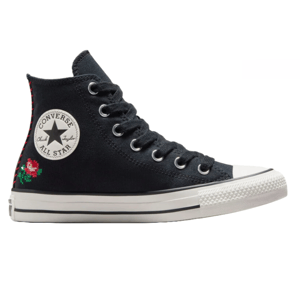 Black Converse Chuck Taylor All Star high-tops featuring a white rubber sole and toe cap, classic logo patch, and red rose cross-stitch embroidery on the side.
