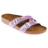 Pink glittery sandal with two silver buckles and a cork footbed, designed in a slip-on style.
