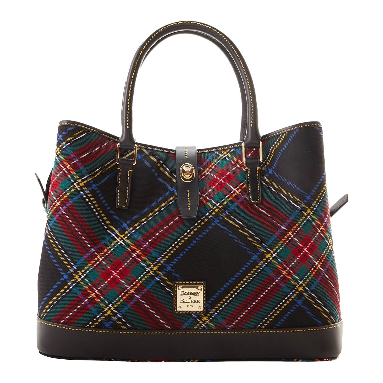 A plaid-patterned Dooney & Bourke tote bag featuring gold hardware and dual leather handles.
