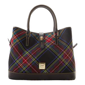 A plaid-patterned Dooney & Bourke tote bag featuring gold hardware and dual leather handles.