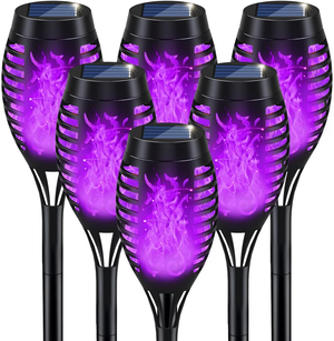 Set of six solar-powered torch lights with purple LED flames, designed for outdoor decoration.