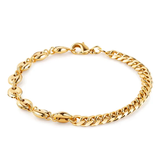 A gold-toned bracelet with a lobster clasp, featuring a mix of flattened oval and classic curb chain links.
