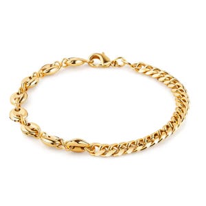 A gold-toned bracelet with a lobster clasp, featuring a mix of flattened oval and classic curb chain links.