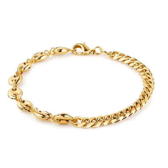 A gold-toned bracelet with a lobster clasp, featuring a mix of flattened oval and classic curb chain links.