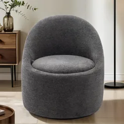 A grey upholstered swivel chair is positioned in a modern room with a wooden side table, featuring decorative vases, and a slim floor lamp.