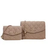 Two quilted handbags in a light brown color, featuring bow decorations and gold chain straps. One is larger and the other smaller, both with a similar design.
