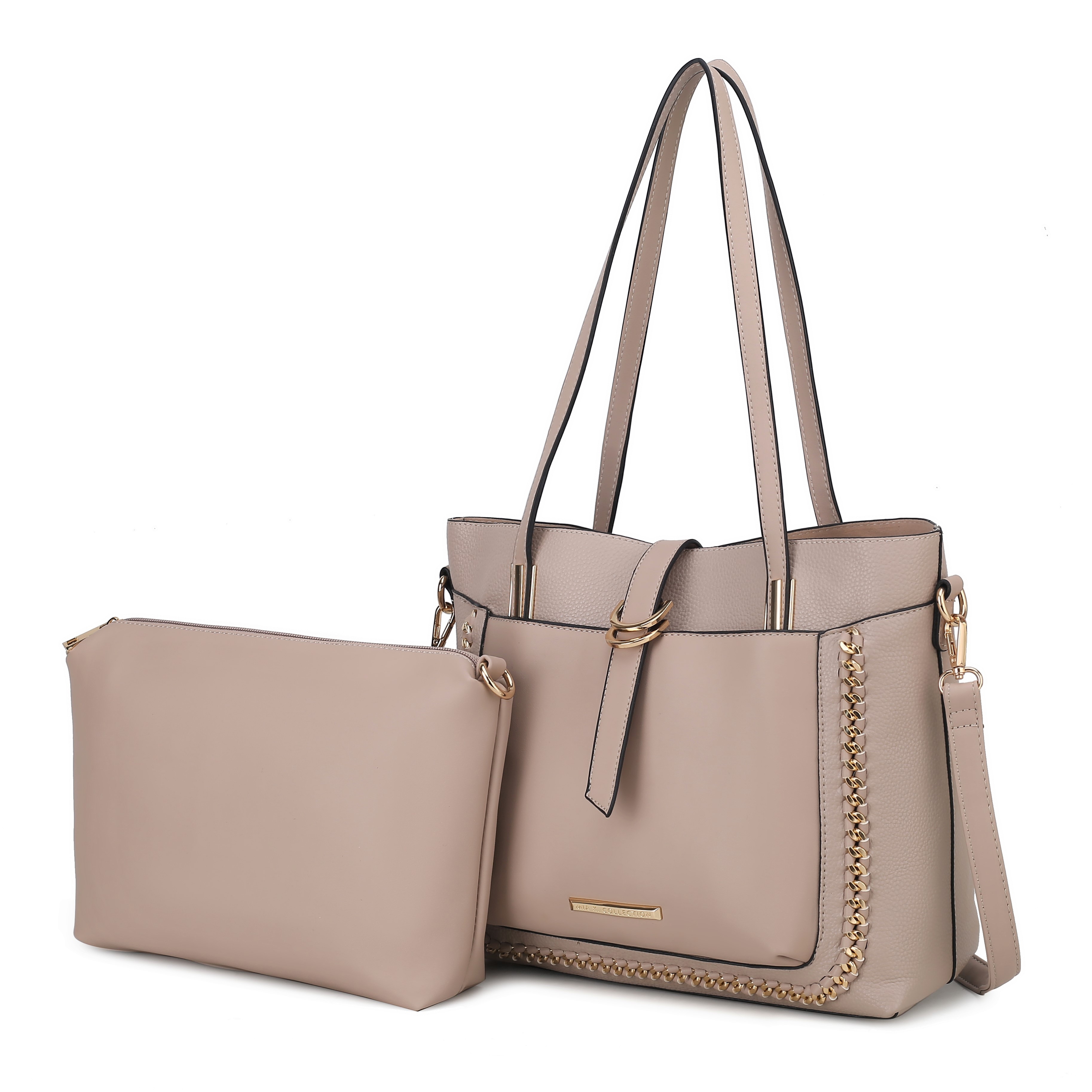 The MKF Collection Raya Shoulder Bag and Pouch set features a beige tote with gold chain detailing and dual shoulder straps, paired with a matching, detachable zippered pouch for additional storage.