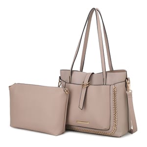 The MKF Collection Raya Shoulder Bag and Pouch set features a beige tote with gold chain detailing and dual shoulder straps, paired with a matching, detachable zippered pouch for additional storage.