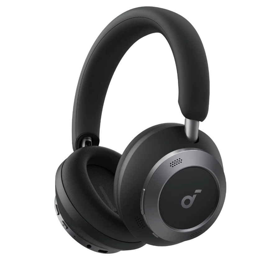 Black over-ear headphones with a sleek design, featuring cushioned ear pads and controls on the ear cups.