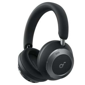Black over-ear headphones with a sleek design, featuring cushioned ear pads and controls on the ear cups.