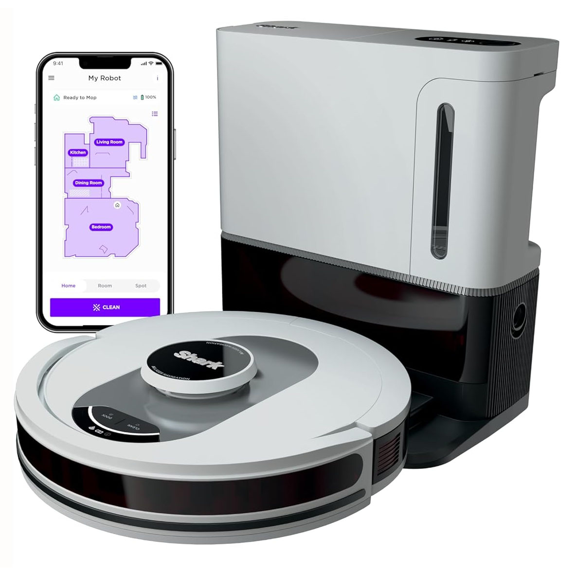 A robot vacuum with a docking station is shown next to a smartphone displaying a home mapping app.
