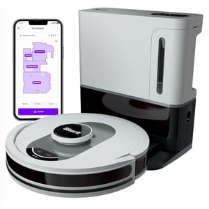 A robot vacuum with a docking station is shown next to a smartphone displaying a home mapping app.