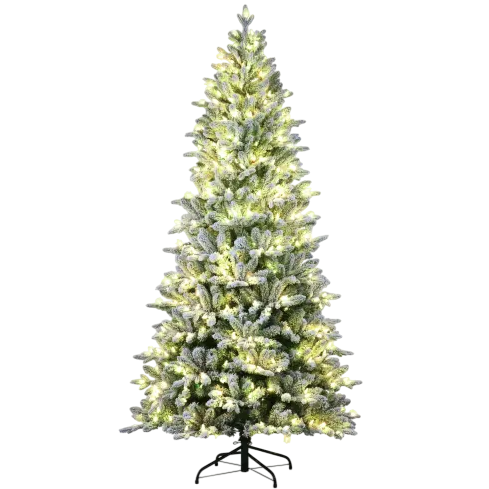 Artificial Christmas tree with snowy branches and warm white lights, standing on a black metal stand.