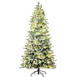 Artificial Christmas tree with snowy branches and warm white lights, standing on a black metal stand.