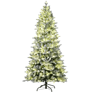 Artificial Christmas tree with snowy branches and warm white lights, standing on a black metal stand.