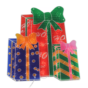 Three stacked illuminated gift boxes with bows; one is red with a green bow, another is blue with an orange bow, and the third is green with a pink bow.