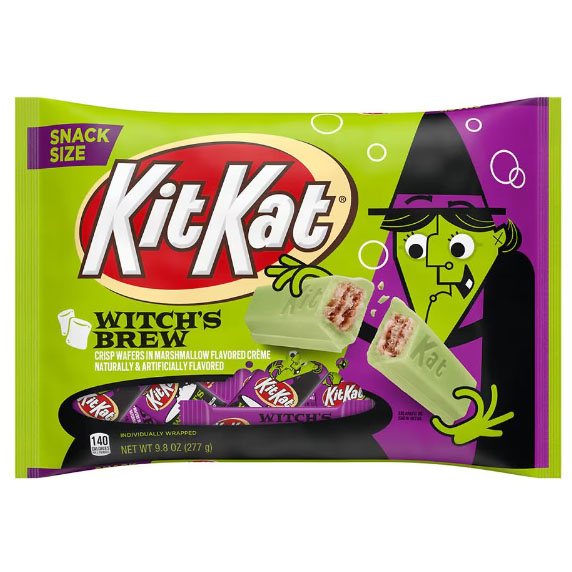 Snack-size Witch’s Brew Kit-Kat bars feature a marshmallow-flavored crème coating over the classic crisp wafers, wrapped in a vibrant green and purple Halloween-themed package.