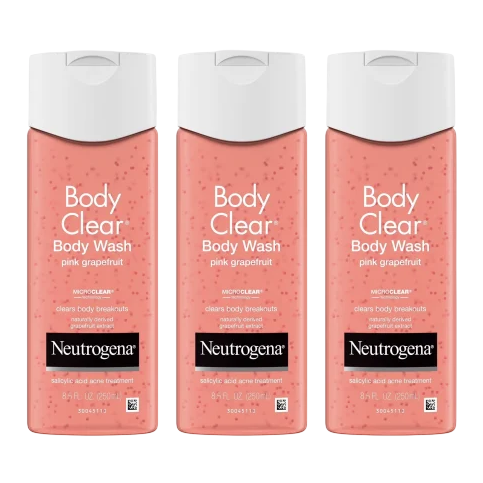 Neutrogena Body Clear Body Wash in pink grapefruit, 8.5 fl. oz., featuring MicroClear technology to clear body breakouts with salicylic acid acne treatment.