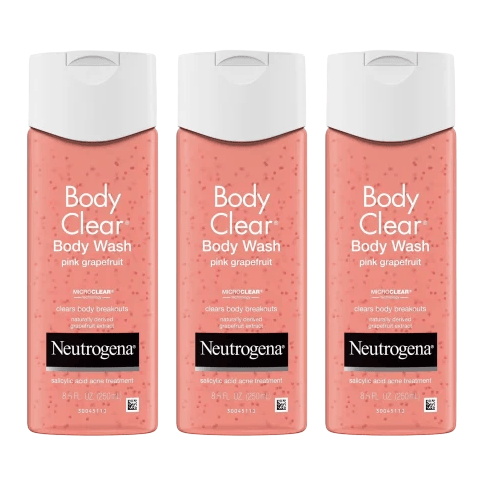 Neutrogena Body Clear Body Wash in pink grapefruit, 8.5 fl. oz., featuring MicroClear technology to clear body breakouts with salicylic acid acne treatment.