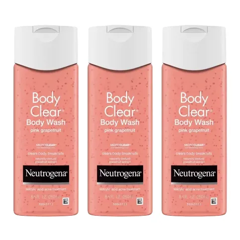 Neutrogena Body Clear Body Wash in pink grapefruit, 8.5 fl. oz., featuring MicroClear technology to clear body breakouts with salicylic acid acne treatment.