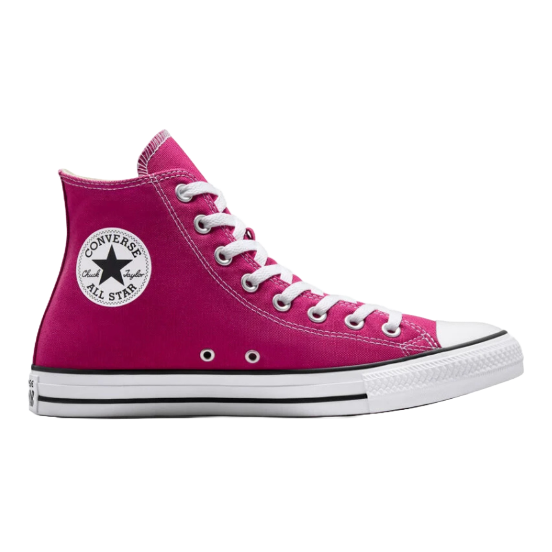 High-top Chuck Taylor All Star sneakers in bright pink canvas with white laces, a white rubber toe cap, and a signature black and white logo patch on the ankle.
