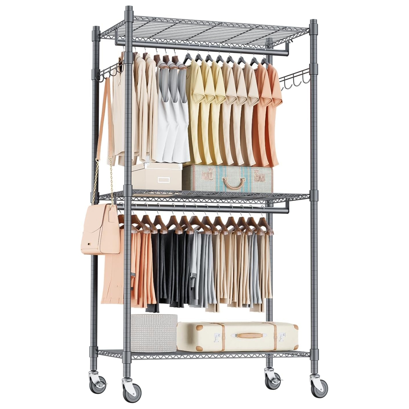 A rolling clothing rack with two tiers of hanging space features assorted clothes and a handbag. It includes wire shelves for storage and stands on four caster wheels for easy mobility.