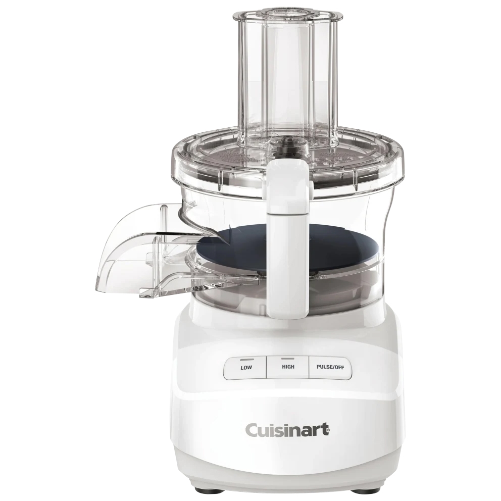 Cuisinart food processor with a white base and clear bowl, featuring low, high, and pulse/off controls.