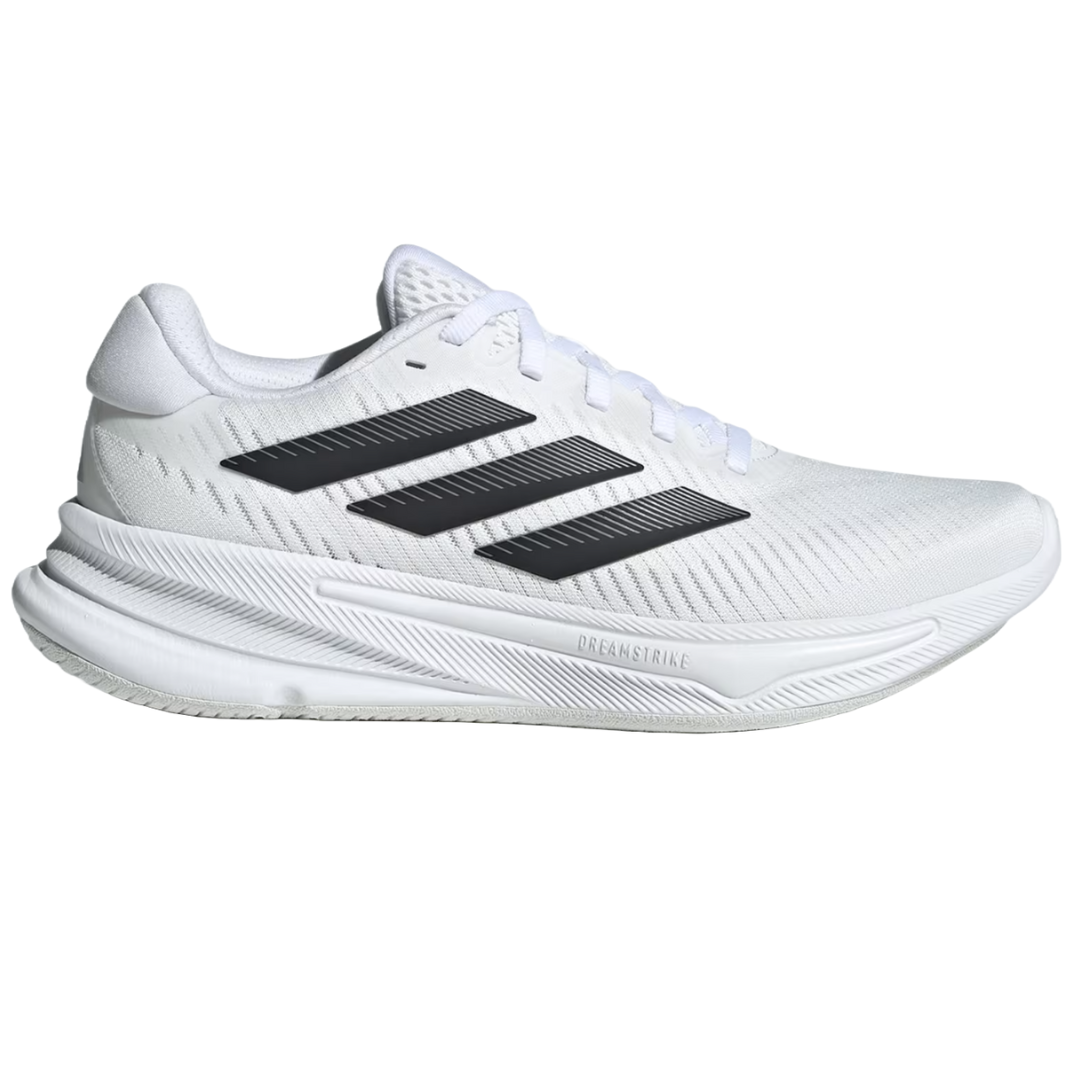 Adidas Supernova Ease Shoes feature a white mesh upper with black three-stripe branding. They have a cushioned, streamlined sole with \“DREAMSTRIKE\“ detailing, designed for comfort and performance.
