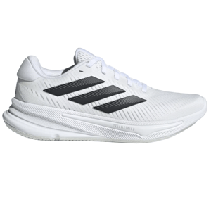 Adidas Supernova Ease Shoes feature a white mesh upper with black three-stripe branding. They have a cushioned, streamlined sole with \“DREAMSTRIKE\“ detailing, designed for comfort and performance.
