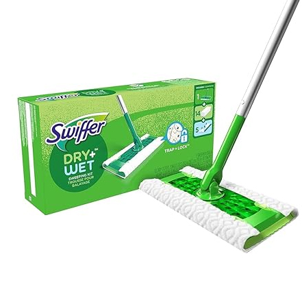 A Swiffer Starter Kit is shown with a green and white box labeling it as suitable for dry or wet cleaning, including a mop handle and two types of disposable cleaning pads.