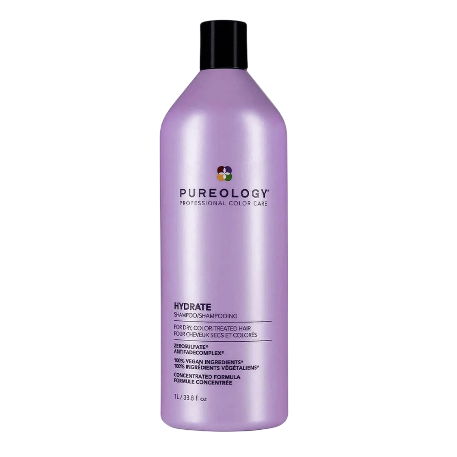Pureology Hydrate Shampoo for dry, color-treated hair, 100% vegan ingredients, zero sulfates, 1L bottle.