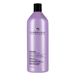 Pureology Hydrate Shampoo for dry, color-treated hair, 100% vegan ingredients, zero sulfates, 1L bottle.