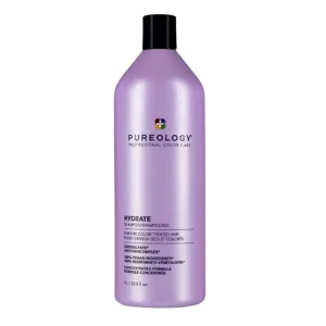Pureology Hydrate Shampoo for dry, color-treated hair, 100% vegan ingredients, zero sulfates, 1L bottle.